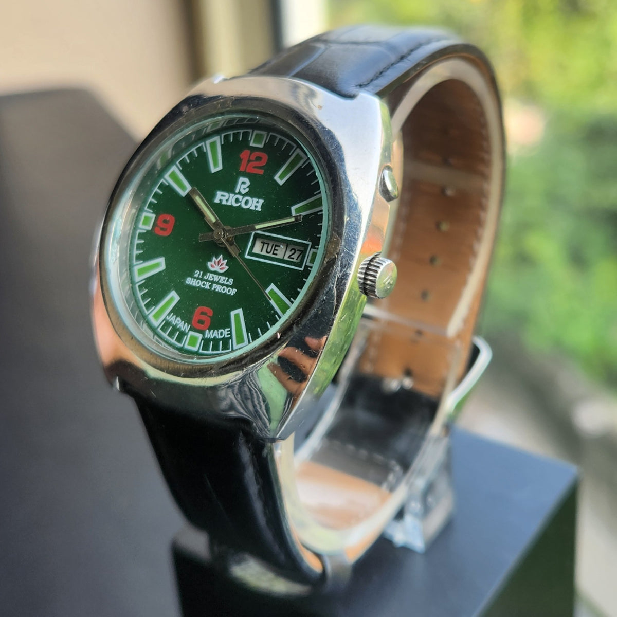 Vintage Ricoh R31 Automatic Green Face New Strap 21 Jewels Day-Date Men's Wrist Watch R133