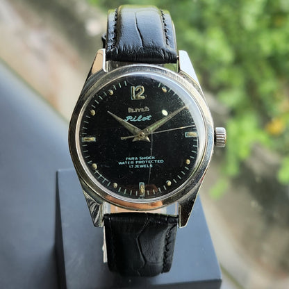 Vintage Original HMT Pilot Hand Winding 17 Jewels Black Face Men's Wrist Watch HM183