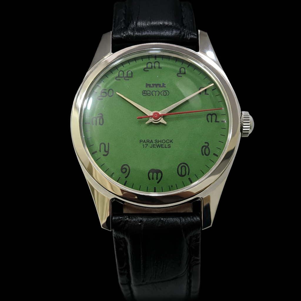 Vintage MOD HMT Janata Malayalam Hand Winding 17 Jewels Green Face Black Leather Strap Men's Wrist Watch K01