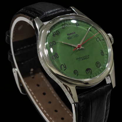 Vintage MOD HMT Janata Malayalam Hand Winding 17 Jewels Green Face Black Leather Strap Men's Wrist Watch K01