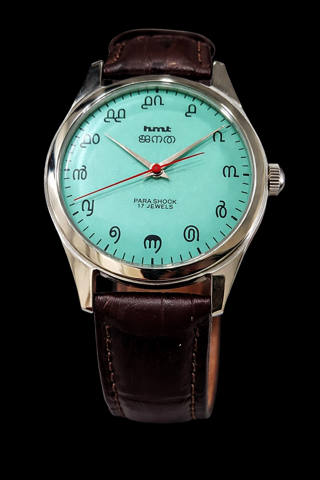 Vintage MOD HMT Janata Malayalam Hand Winding 17 Jewels Sea Green Face Brown Leather Strap Men's Wrist Watch K02