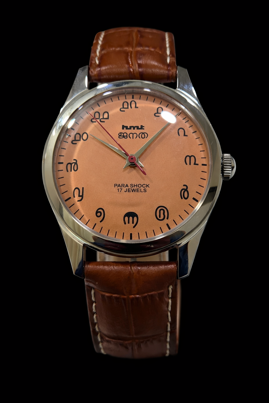 Vintage MOD HMT Janata Malayalam Hand Winding 17 Jewels Peach Face Red Leather Strap Men's Wrist Watch K05