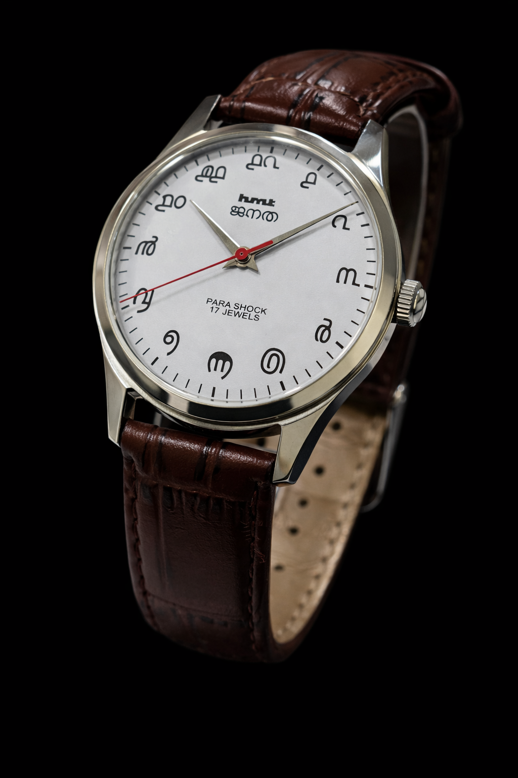 Vintage MOD HMT Janata Malayalam Hand Winding 17 Jewels White Face Brown Leather Strap Men's Wrist Watch K06
