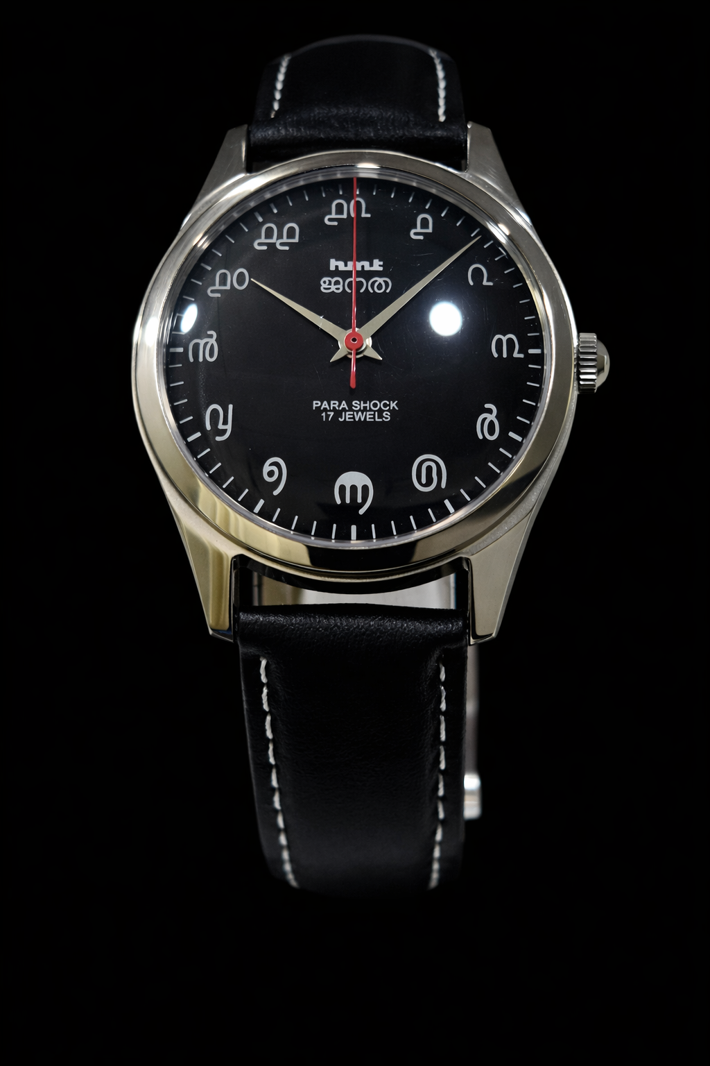 Vintage MOD HMT Janata Malayalam Hand Winding 17 Jewels Black Face Black Leather Strap Men's Wrist Watch K07