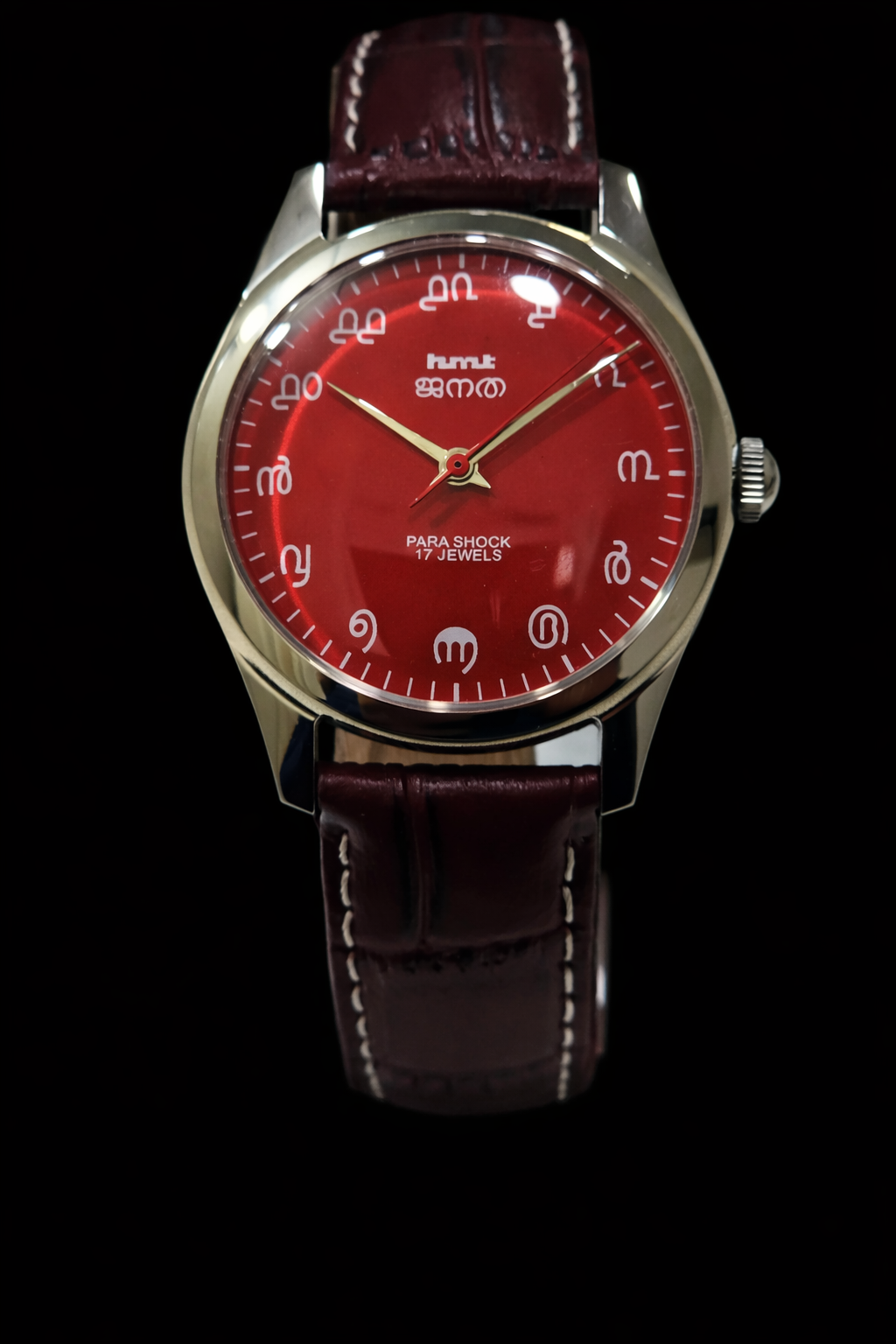 Vintage MOD HMT Janata Malayalam Hand Winding 17 Jewels Red Face Red Leather Strap Men's Wrist Watch K04