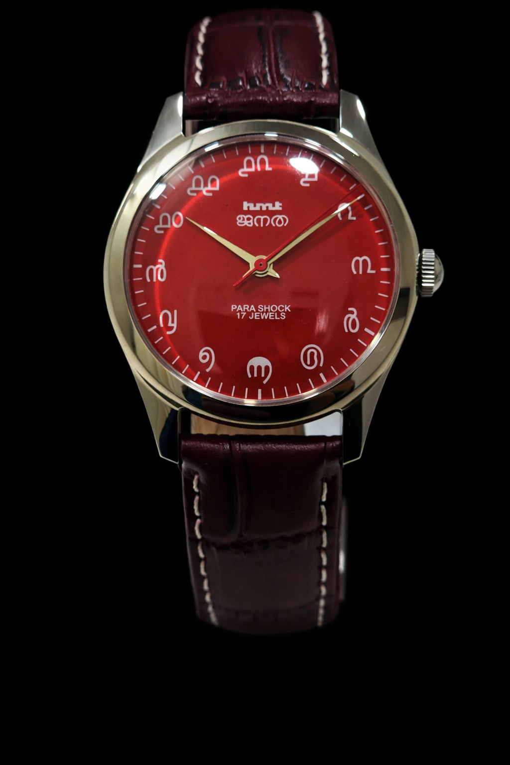 Vintage MOD HMT Janata Malayalam Hand Winding 17 Jewels Red Face Red Leather Strap Men's Wrist Watch K04