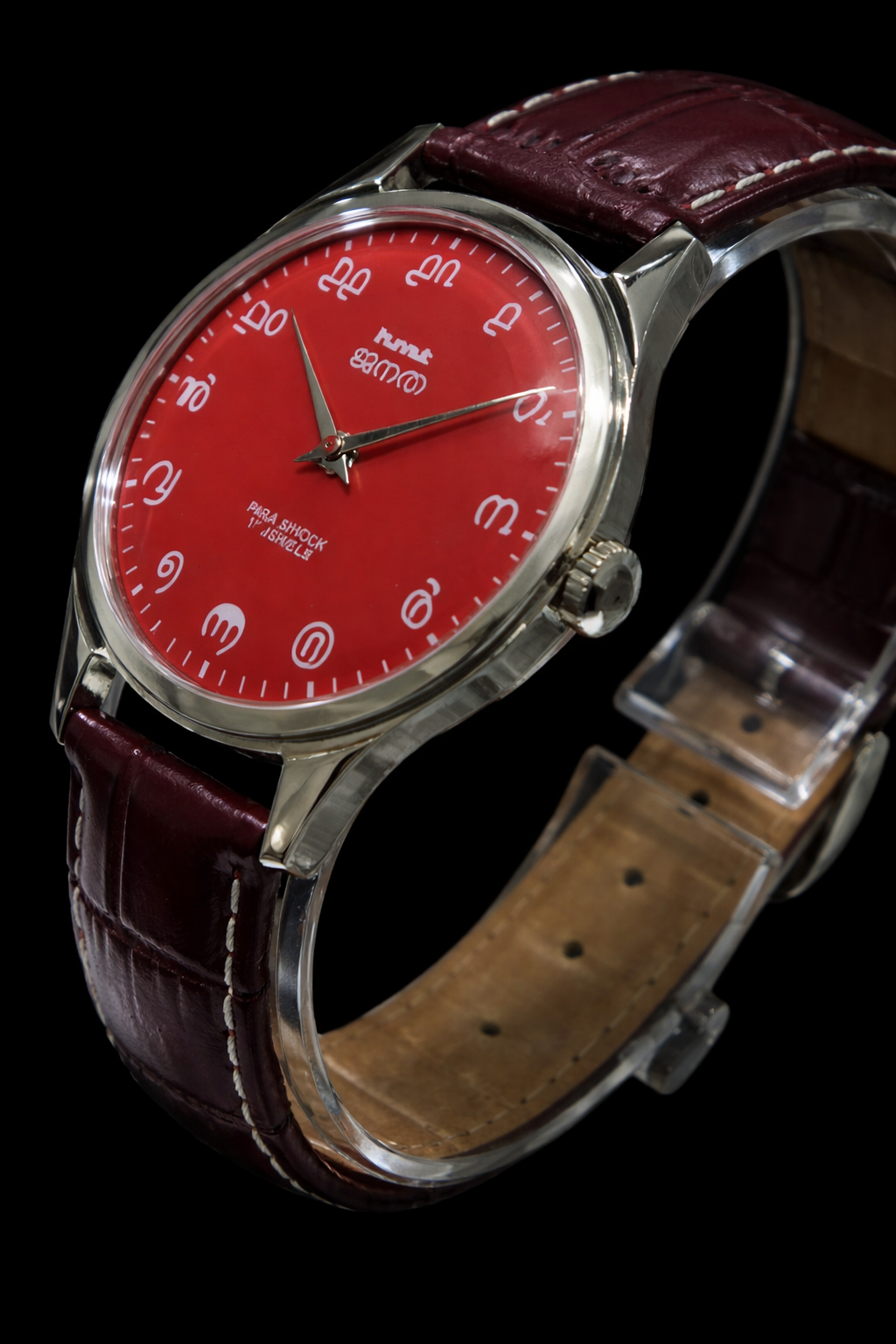 Vintage MOD HMT Janata Malayalam Hand Winding 17 Jewels Red Face Red Leather Strap Men's Wrist Watch K04