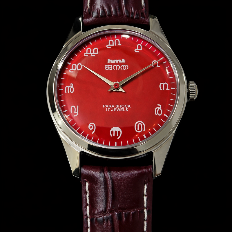 Vintage MOD HMT Janata Malayalam Hand Winding 17 Jewels Red Face Red Leather Strap Men's Wrist Watch K04