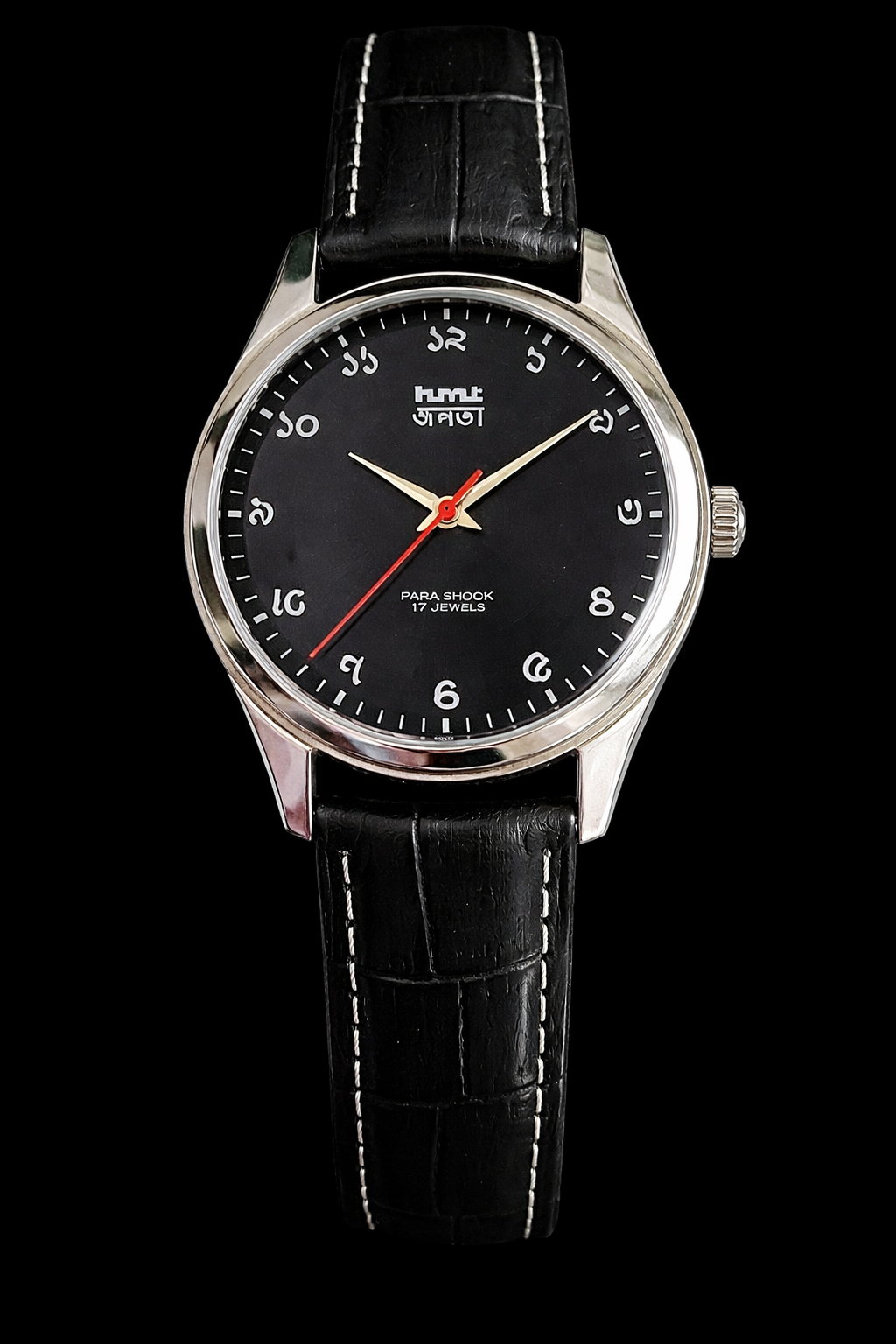 Vintage MOD HMT Janata bengali Hand Winding 17 Jewels Black Face 35mm Silver Case With Black Leather Strap Men's Wrist Watch J79