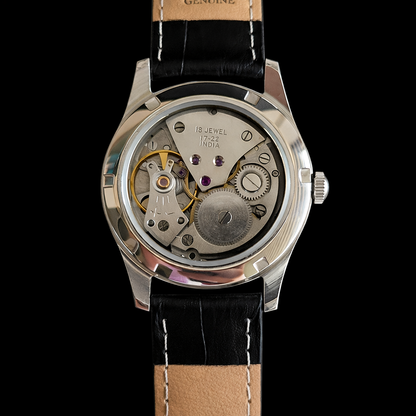 Vintage MOD HMT Janata bengali Hand Winding 17 Jewels Black Face 35mm Silver Case With Black Leather Strap Men's Wrist Watch J79