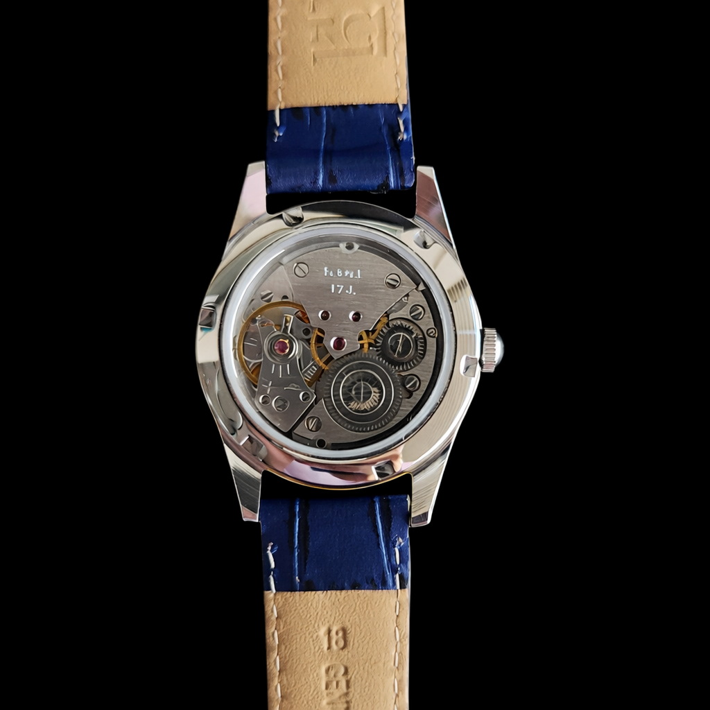 Vintage MOD HMT Janata Bengali Hand Winding 17 Jewels Blue Face 35mm Silver Case With Blue Leather Strap Men's Wrist Watch J80