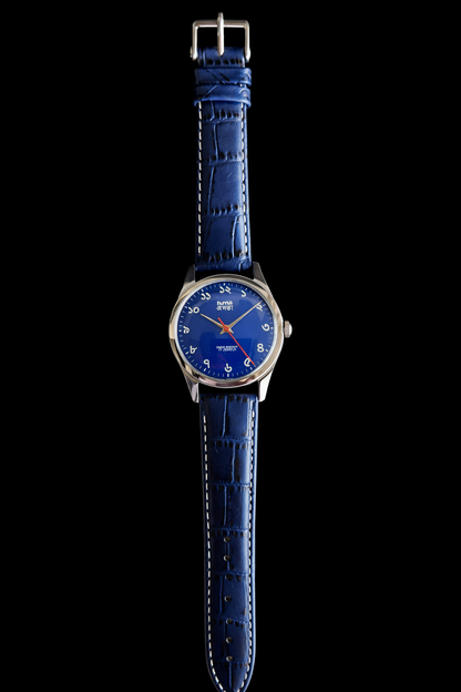 Vintage MOD HMT Janata Bengali Hand Winding 17 Jewels Blue Face 35mm Silver Case With Blue Leather Strap Men's Wrist Watch J80