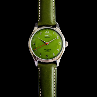 Vintage MOD HMT Janata Bangla Hand Winding 17 Jewels Green Face Green Leather Strap Men's Wrist Watch J37