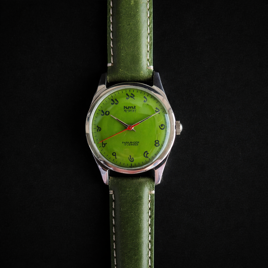 Vintage MOD HMT Janata Bangla Hand Winding 17 Jewels Green Face Green Leather Strap Men's Wrist Watch J37
