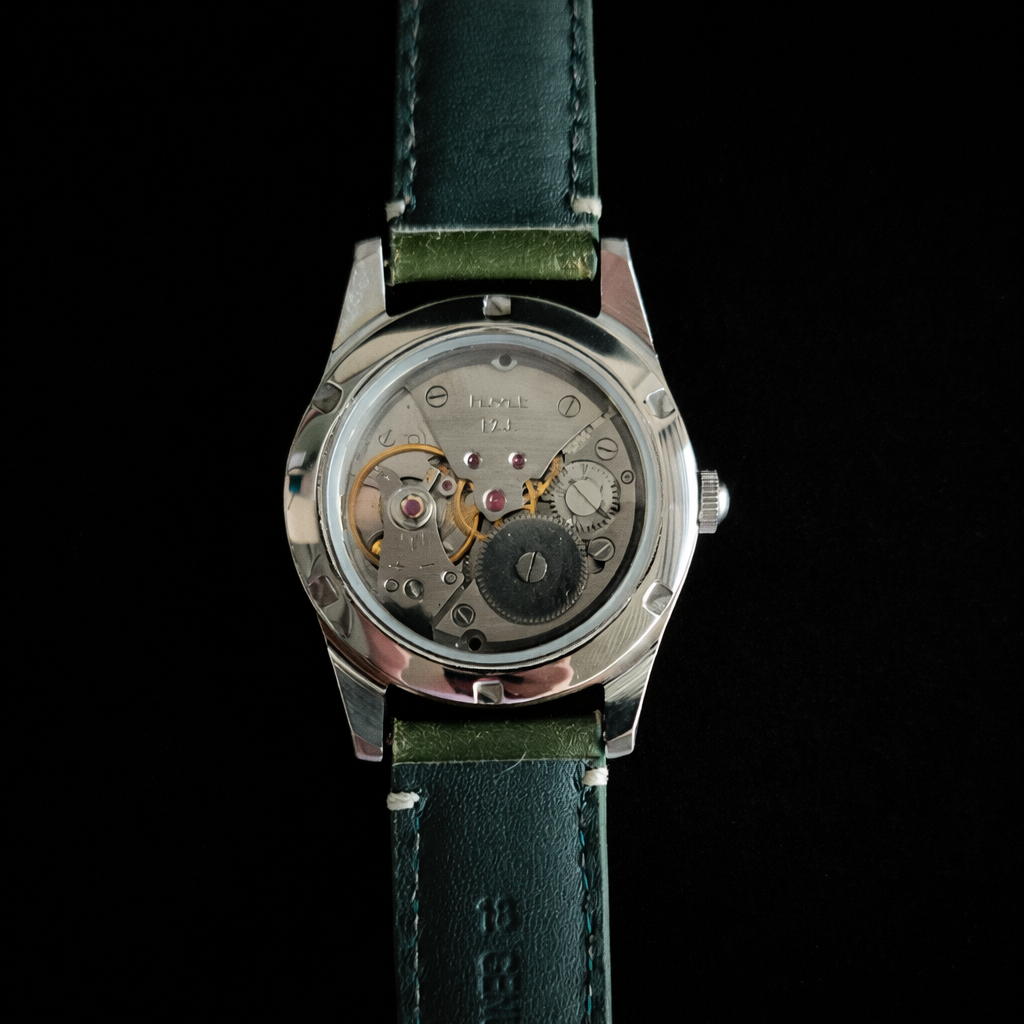 Vintage MOD HMT Janata Bangla Hand Winding 17 Jewels Green Face Green Leather Strap Men's Wrist Watch J37