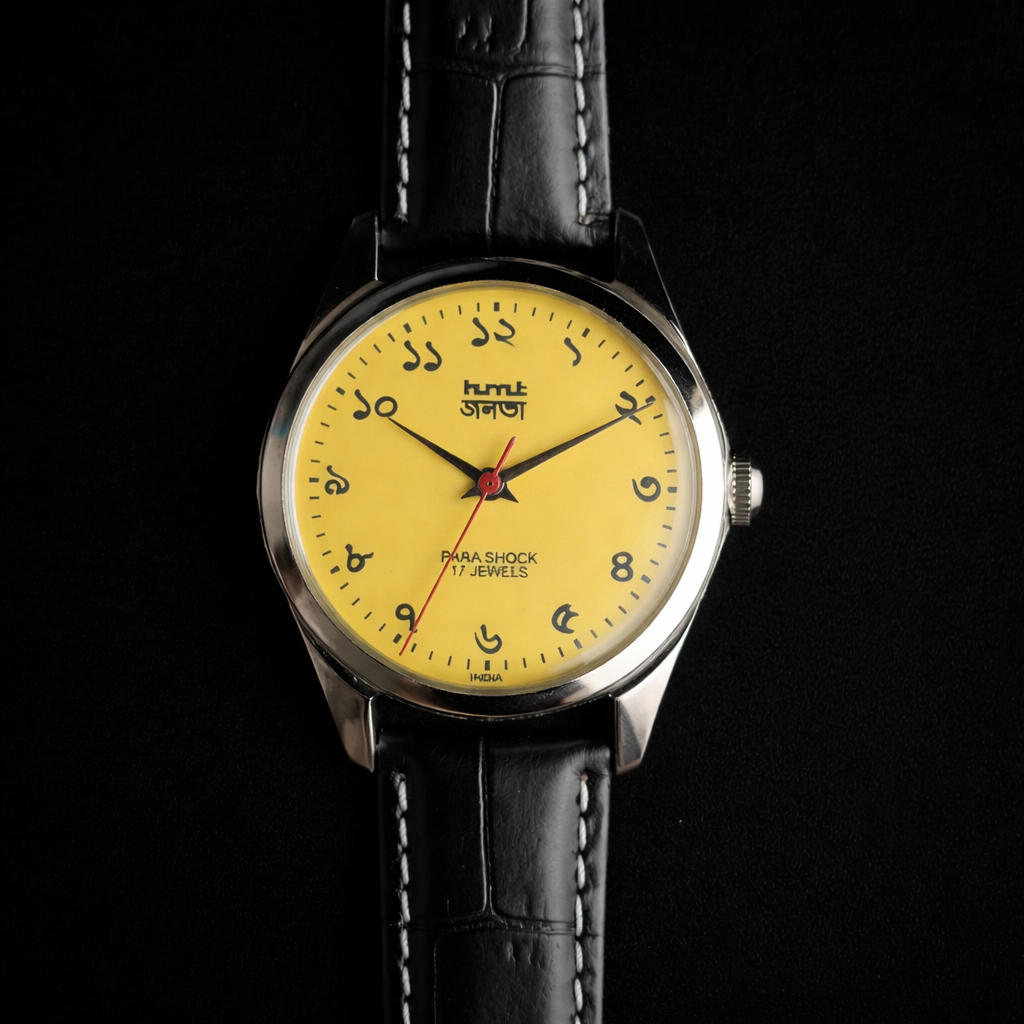 Vintage MOD HMT Janata Bangla Hand Winding 17 Jewels Yellow Face Black Leather Strap Men's Wrist Watch K15