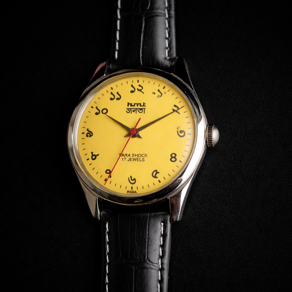 Vintage MOD HMT Janata Bangla Hand Winding 17 Jewels Yellow Face Black Leather Strap Men's Wrist Watch K15