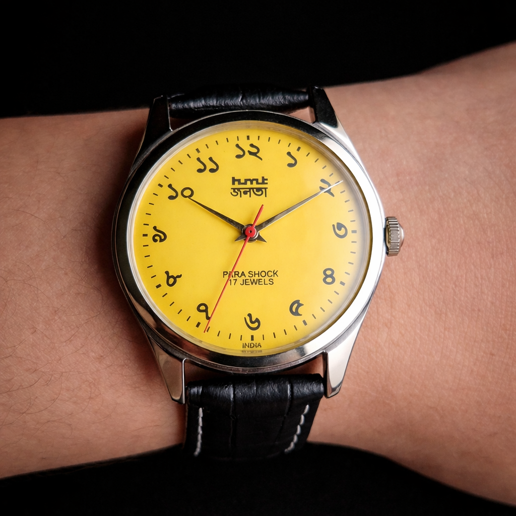 Vintage MOD HMT Janata Bangla Hand Winding 17 Jewels Yellow Face Black Leather Strap Men's Wrist Watch K15