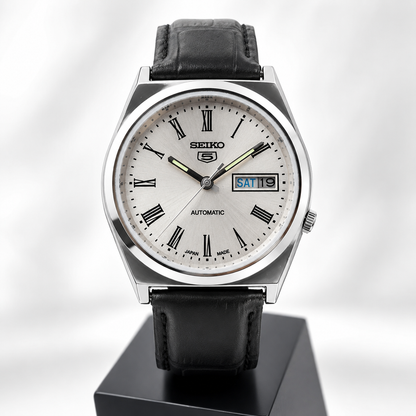 Vintage Mod  Seiko 5 Automatic 17 Jewels Cal. 7009 Silver Face Black Leather Band Day-Date Men's Wrist Watch S012
