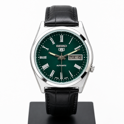 Vintage Mod  Seiko 5 Automatic 17 Jewels Cal. 7009 Green Face Black Leather Band Day-Date Men's Wrist Watch S011