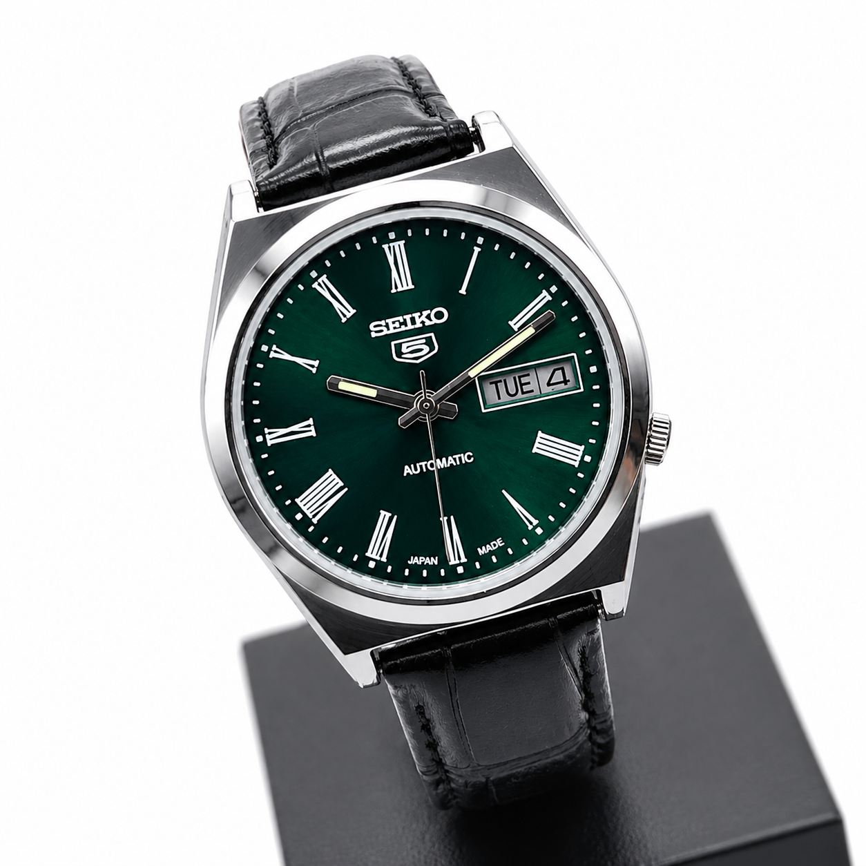 Vintage Mod  Seiko 5 Automatic 17 Jewels Cal. 7009 Green Face Black Leather Band Day-Date Men's Wrist Watch S011