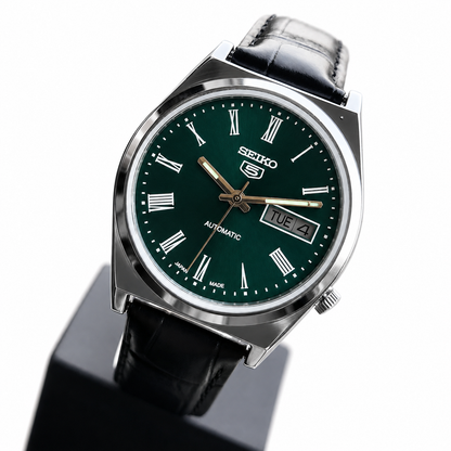 Vintage Mod  Seiko 5 Automatic 17 Jewels Cal. 7009 Green Face Black Leather Band Day-Date Men's Wrist Watch S011