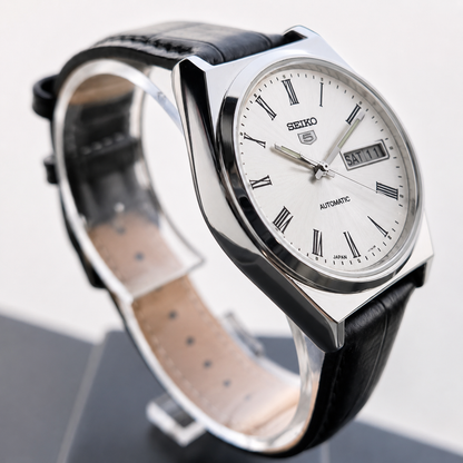 Vintage Mod  Seiko 5 Automatic 17 Jewels Cal. 7009 Silver Face Black Leather Band Day-Date Men's Wrist Watch S012