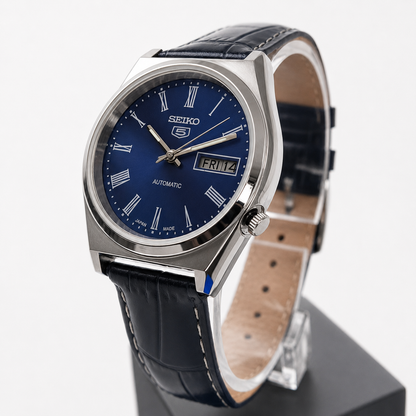 Vintage Mod  Seiko 5 Automatic 17 Jewels Cal. 7009 Blue Face Blue Leather Band Day-Date Men's Wrist Watch S013