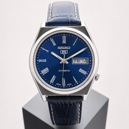 Vintage Mod  Seiko 5 Automatic 17 Jewels Cal. 7009 Blue Face Blue Leather Band Day-Date Men's Wrist Watch S013