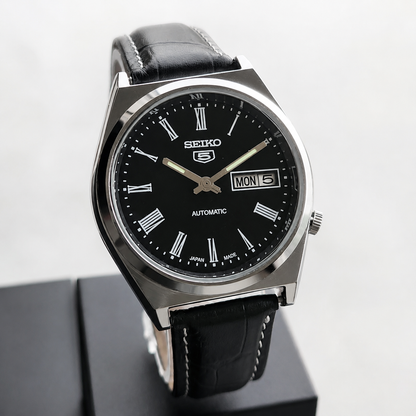 Vintage Mod  Seiko 5 Automatic 17 Jewels Cal. 7009 Black Face Black Leather Band Day-Date Men's Wrist Watch S014