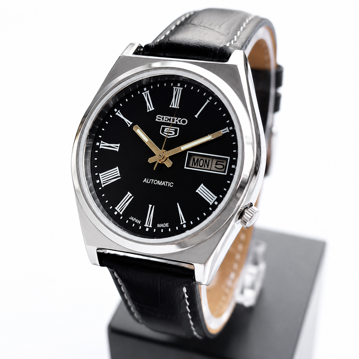 Vintage Mod  Seiko 5 Automatic 17 Jewels Cal. 7009 Black Face Black Leather Band Day-Date Men's Wrist Watch S014