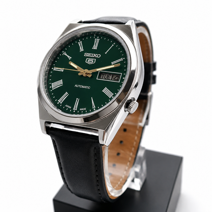 Vintage Mod  Seiko 5 Automatic 17 Jewels Cal. 7009 Green Face Black Leather Band Day-Date Men's Wrist Watch S011