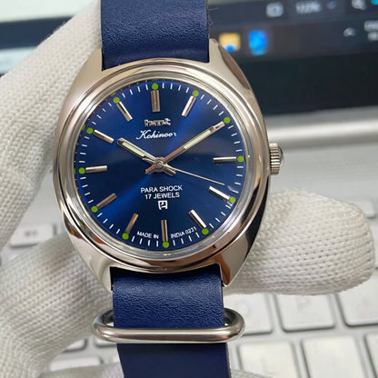 Vintage MOD HMT Kohinoor Hand Winding 17 Jewels Blue Face Blue  Nato Band Men's Wrist Watch B59