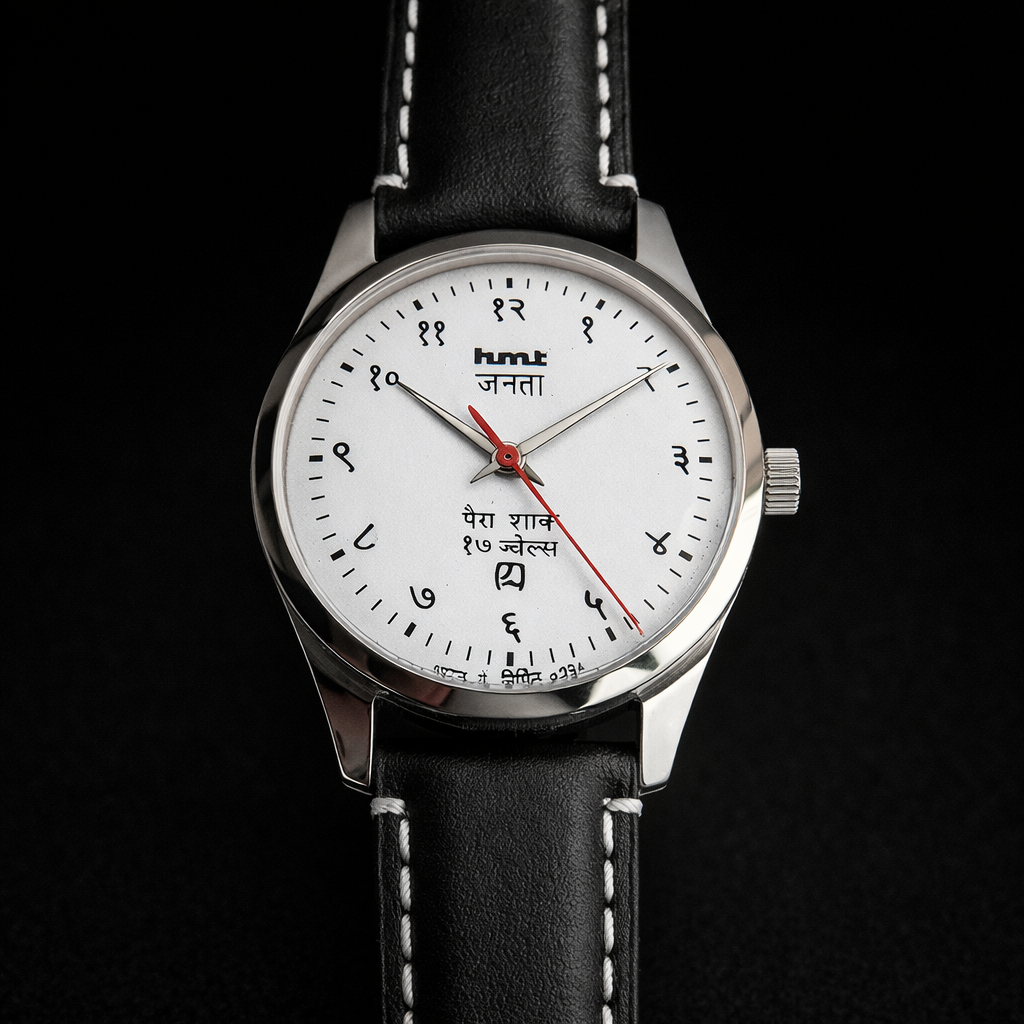 Vintage MOD HMT Janata Devanagari Hand Winding 17 Jewels White Face 35MM Silver Case Black Leather Strap Men's Wrist Watch G64