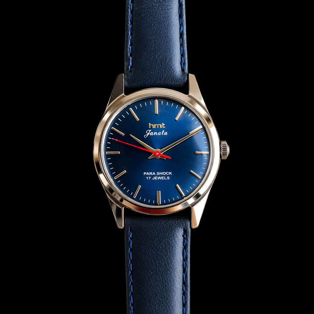 Vintage MOD HMT Janata Hand Winding 17 Jewels Blue Face Blue Leather Strap Men's Wrist Watch J0020