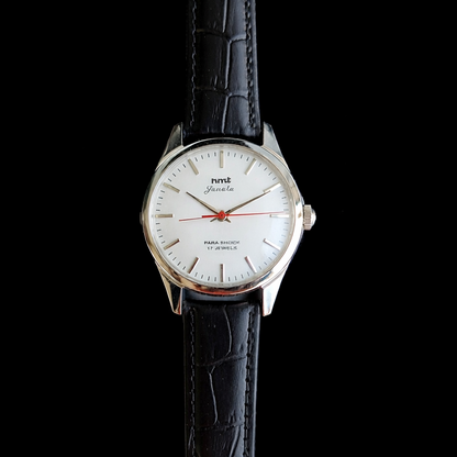Vintage MOD HMT Janata Hand Winding 17 Jewels White Face Black Croco Leather Strap Men's Wrist Watch J0018