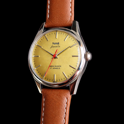 Vintage MOD HMT Janata Hand Winding 17 Jewels Yellow Face Brown Leather Strap Men's Wrist Watch J0019
