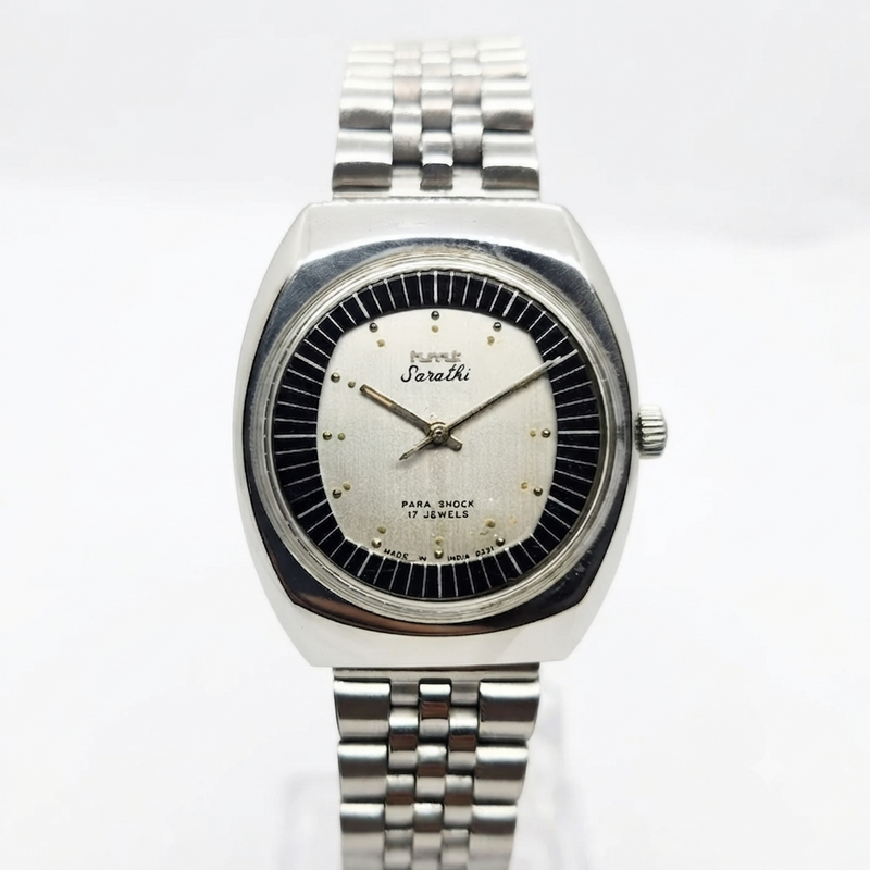 Vintage Original HMT Sarathi Hand Winding 17 Jewels Silver Face Men's Wrist Watch HM25