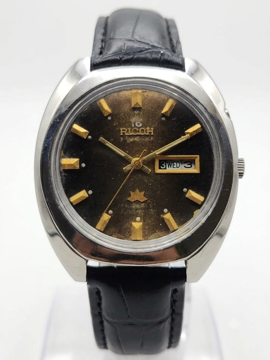 Vintage Ricoh R31 Automatic Brown Face New Strap 21 Jewels Day-Date Men's Wrist Watch AS29