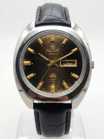 Vintage Ricoh R31 Automatic Brown Face New Strap 21 Jewels Day-Date Men's Wrist Watch AS29