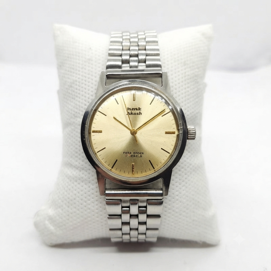 Vintage Original HMT Akash Hand Winding 17 Jewels Gold Face Men's Wrist Watch HM36
