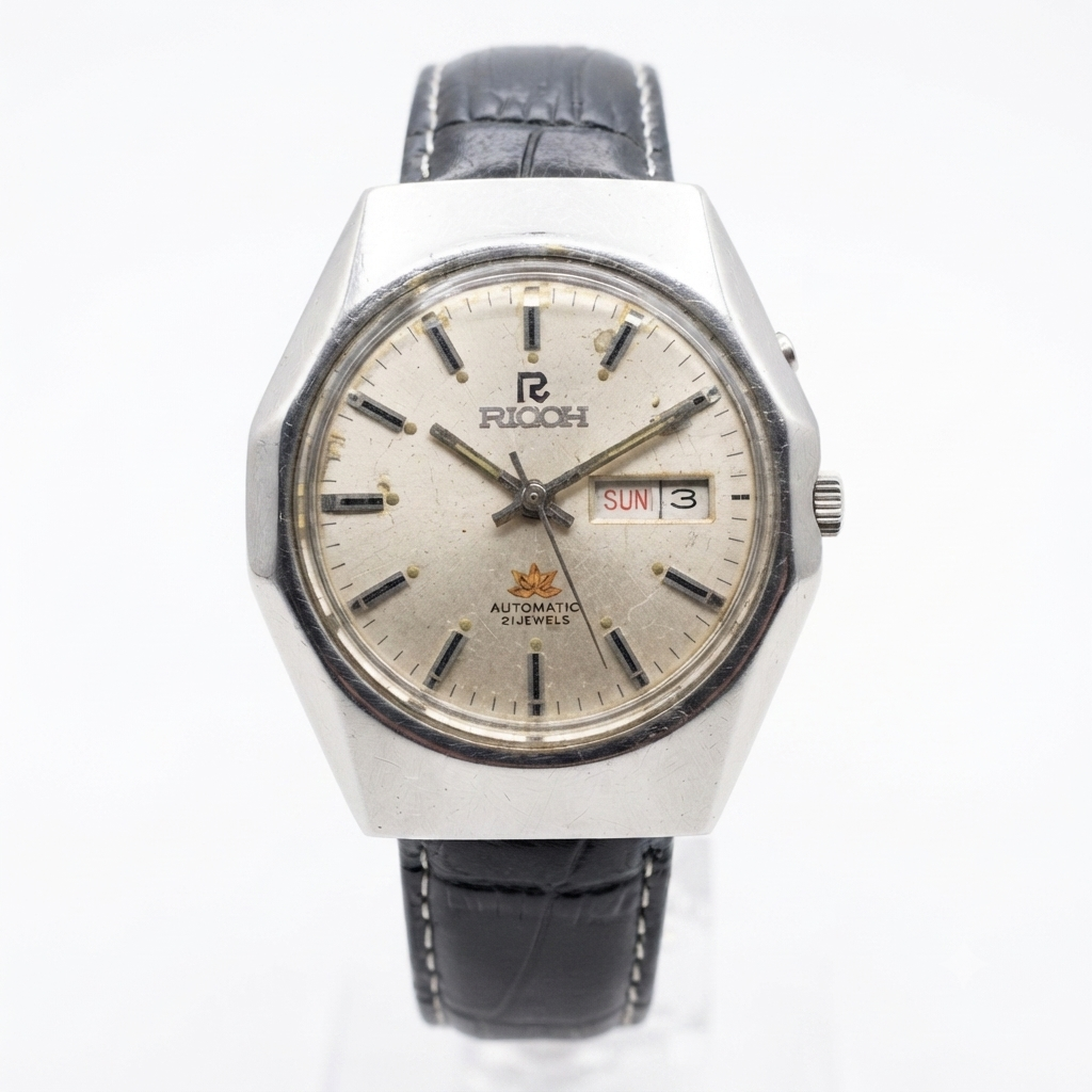 Vintage Ricoh R31 Automatic Silver Face New Strap 21 Jewels Day-Date Men's Wrist Watch R03