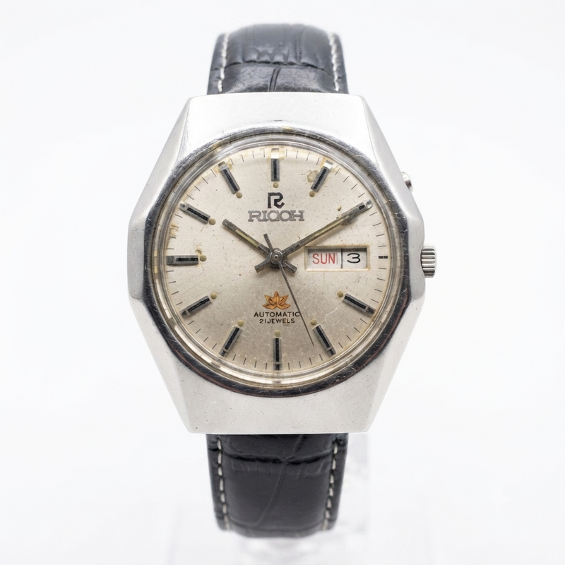 Vintage Ricoh R31 Automatic Silver Face New Strap 21 Jewels Day-Date Men's Wrist Watch R03