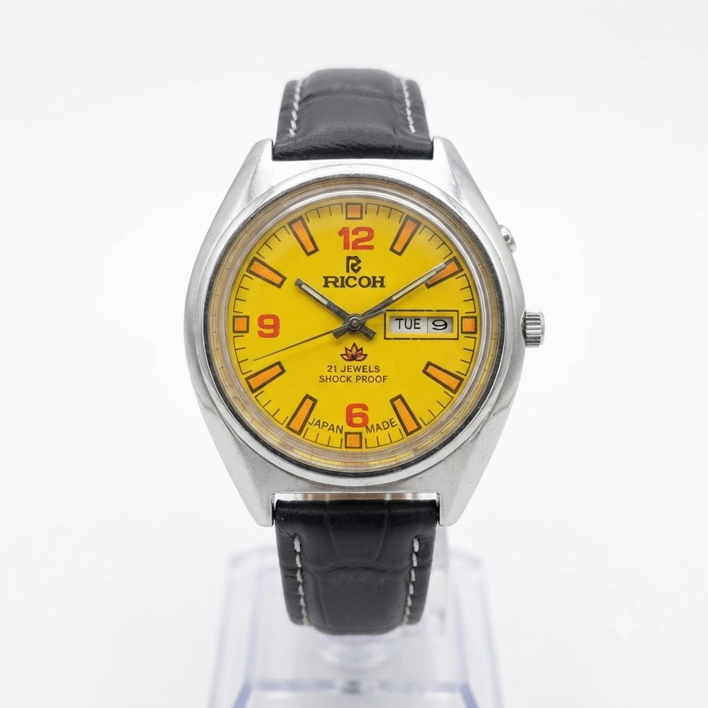 Vintage Ricoh R31 Automatic Yellow Face New Strap 21 Jewels Day-Date Men's Wrist Watch R105