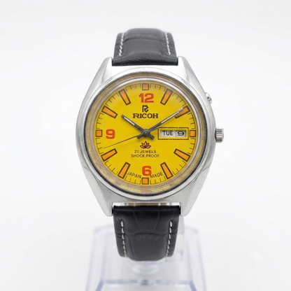 Vintage Ricoh R31 Automatic Yellow Face New Strap 21 Jewels Day-Date Men's Wrist Watch R105
