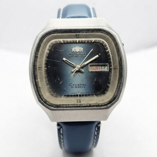 Vintage Original Orient 46941 Automatic 21 Jewels Blue Face Day-Date Men's Wrist Watch OR02