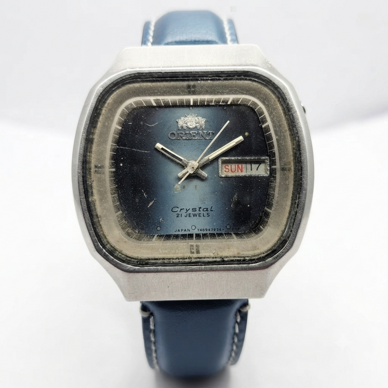 Vintage Original Orient 46941 Automatic 21 Jewels Blue Face Day-Date Men's Wrist Watch OR02