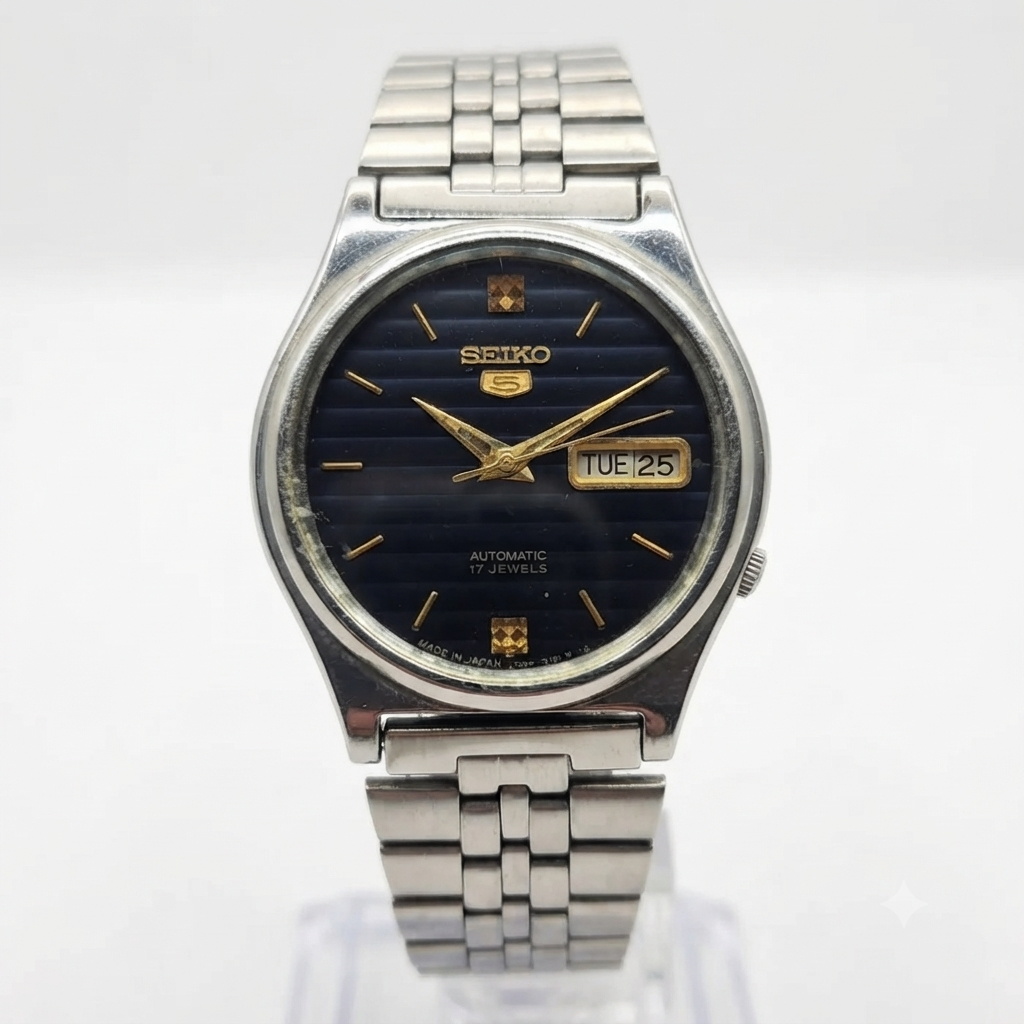 Vintage 1983 Original Seiko 5 Automatic 7009-3171 Blue face 17 Jewels Day-Date Japanese Men's Wrist Watch OG254