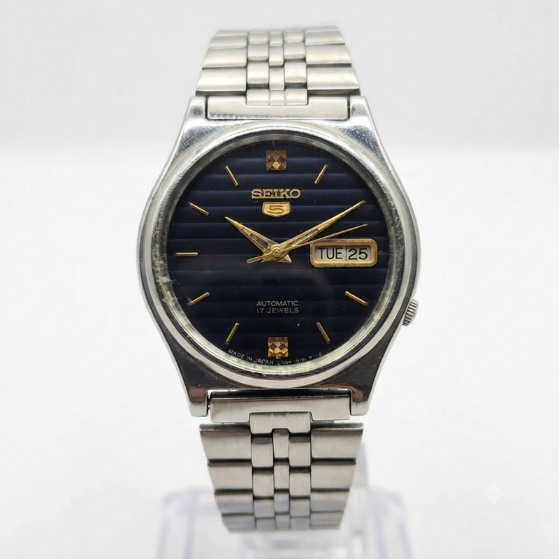Vintage 1983 Original Seiko 5 Automatic 7009-3171 Blue face 17 Jewels Day-Date Japanese Men's Wrist Watch OG254