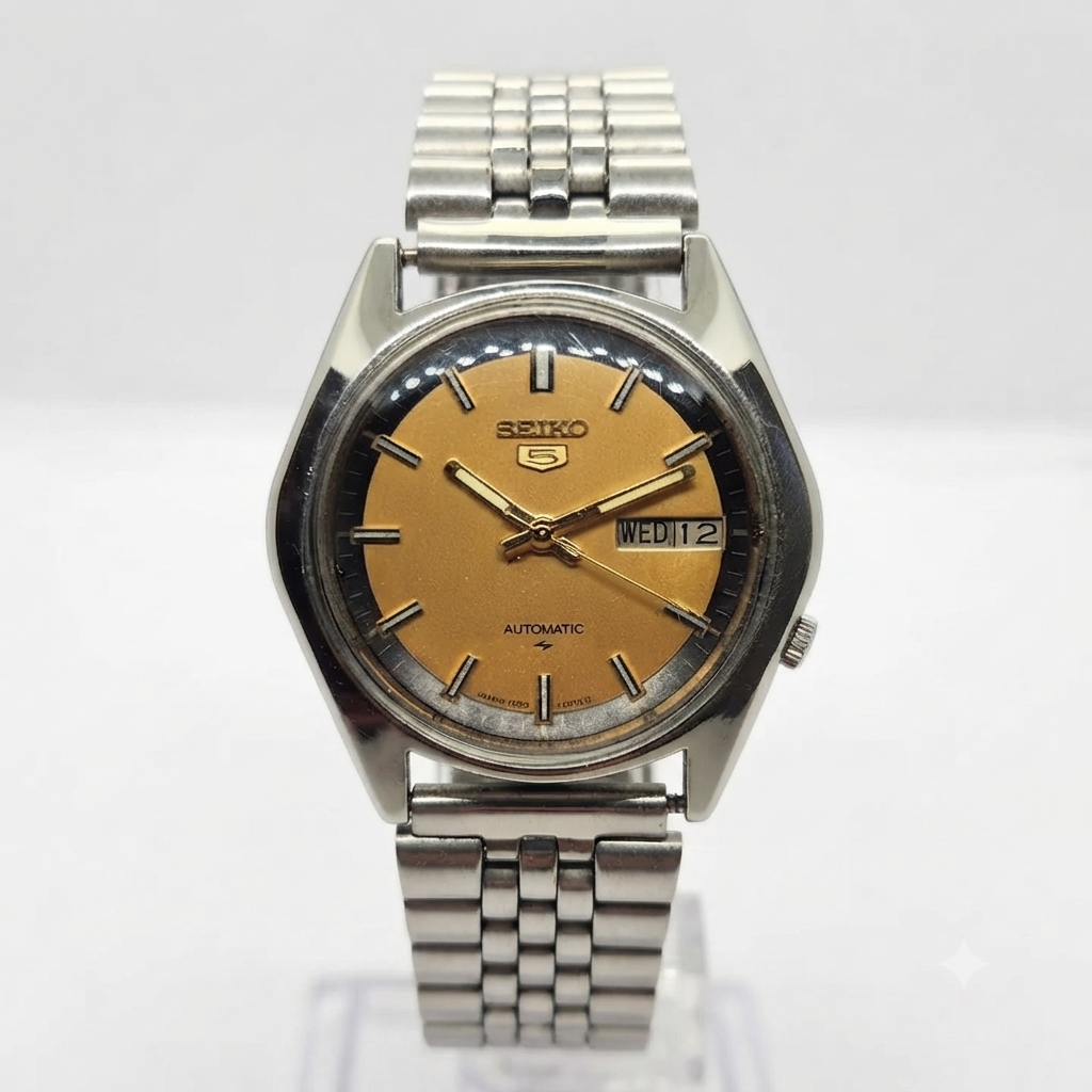Vintage 1976 Original Seiko 5 Automatic 7009-8040 Gold face 17 Jewels Day-Date Japanese Men's Wrist Watch OG213